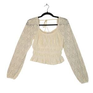 Love Fire Top Womens Medium Cream Lace Long Sleeve Ruched Peplum Romantic Blouse